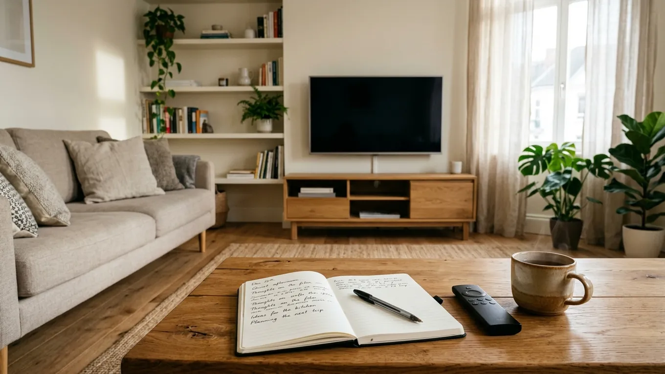 Wohnzimmer mit ausgeschaltetem Fernseher, Sofa sowie Holztisch mit Notizbuch, Stift und Fernbedienung.