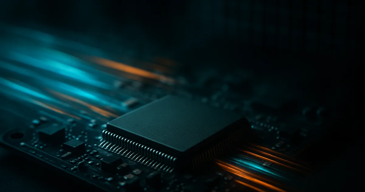Nahaufnahme einer dunklen Fernseher-Platine: ein großer Video-Dekoder-Chip im Fokus, darüber ziehen cyan- und bernsteinfarbene Lichtspuren wie ein komprimierter Videostrom, im unscharfen Hintergrund lösen sich Pixelblöcke im Dunkeln auf.
