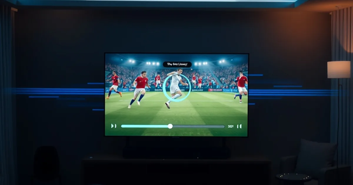 Dunkles Wohnzimmer mit Fernseher, auf dem ein Fußballspiel gerade puffert, im Vordergrund ein leuchtender Router als Symbol für die Internetgeschwindigkeit