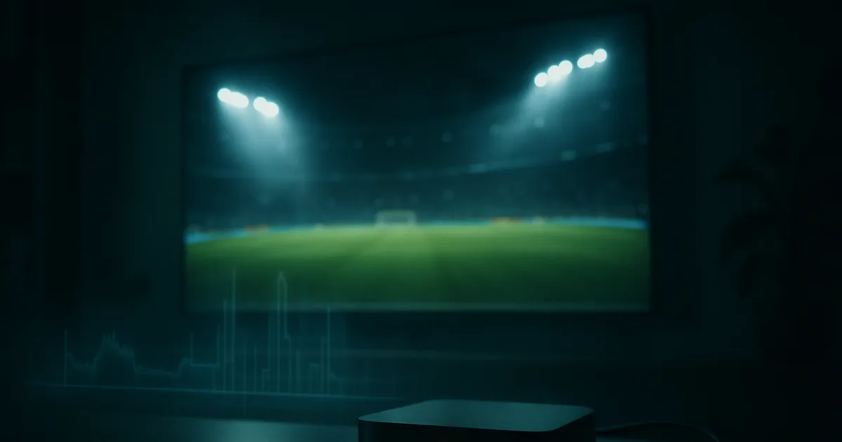 Dunkles Wohnzimmer bei Nacht: ein großer Fernseher zeigt ein Fußballstadion unter Flutlicht in hoher Schärfe, davor eine Streaming-Box mit Netzwerkkabel und eine schwach leuchtende technische Überlagerung aus Signalkurve und Bandbreiten-Balken.