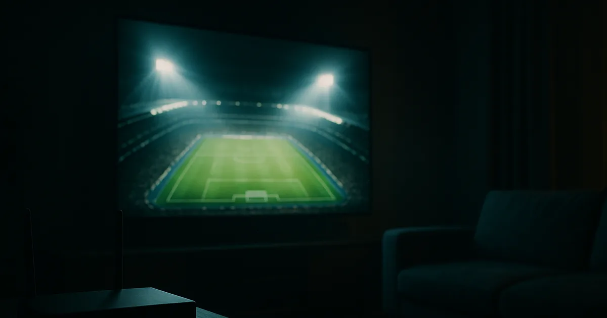Dunkles Wohnzimmer bei Nacht: Ein großer Fernseher zeigt ein flutlichtbeleuchtetes Fußballstadion aus der Totalen, im Vordergrund leuchten die LEDs eines Routers mit angeschlossenem Netzwerkkabel.