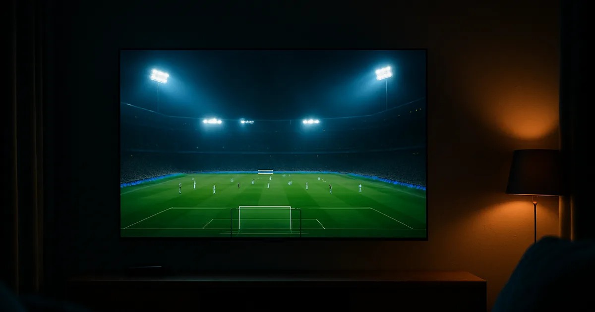 Dunkles Wohnzimmer bei Nacht mit einem großen 4K-Fernseher an der Wand, der ein gestochen scharfes Fußballstadion-Bild zeigt; auf dem Sideboard eine kleine Streaming-Box mit eingestecktem LAN-Kabel.