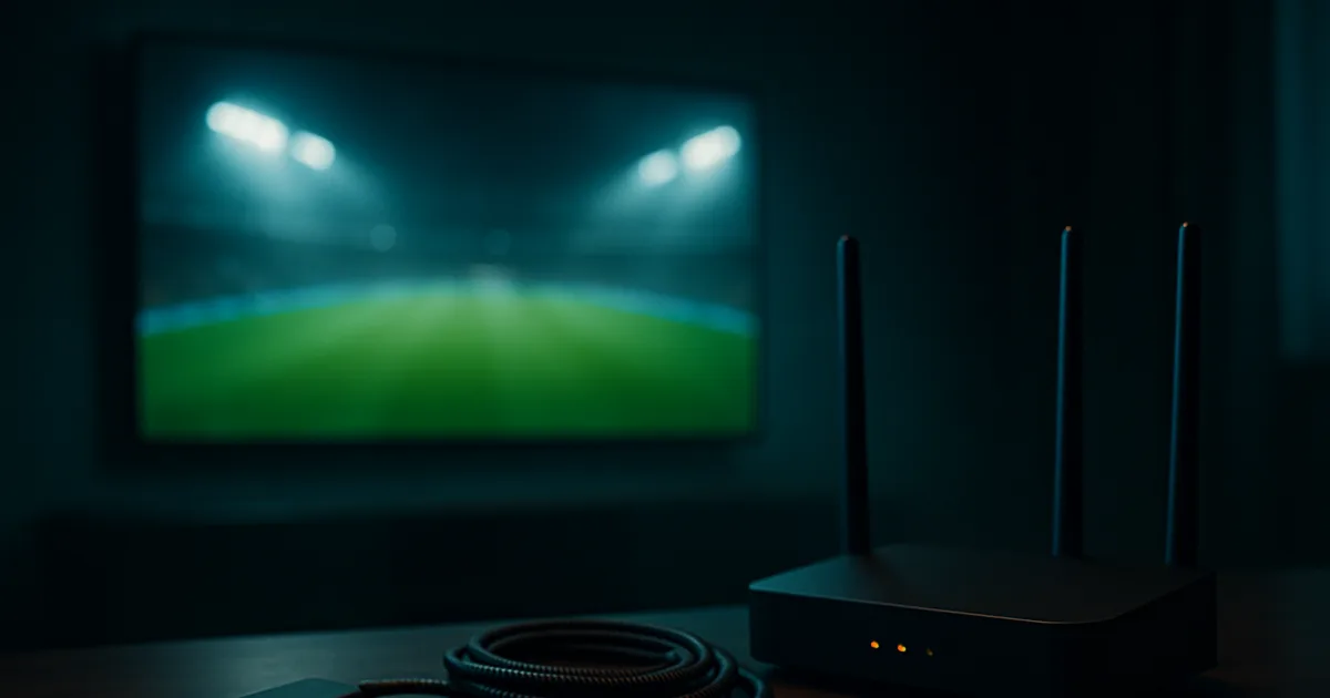 Dunkles Wohnzimmer bei Nacht: ein großer Fernseher zeigt unscharf ein Fußballstadion, im scharfen Vordergrund liegen ein Streaming-Stick, ein HDMI-Kabel und ein Router mit leuchtenden Status-LEDs.