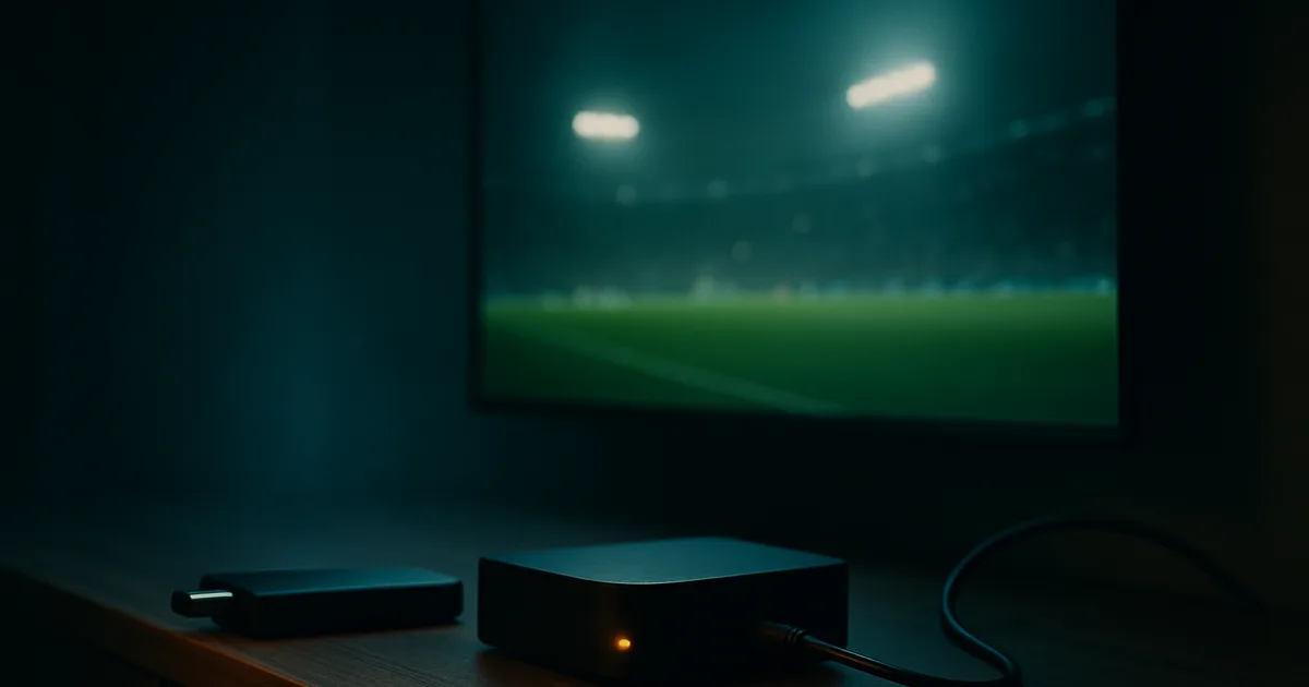 Dunkles Wohnzimmer bei Nacht: Ein Streaming-Stick, eine schwarze Android-TV-Box mit angeschlossenem LAN-Kabel und der untere Rand eines großen Fernsehers, auf dem unscharf ein flutlichtbeleuchtetes Fußballfeld leuchtet.