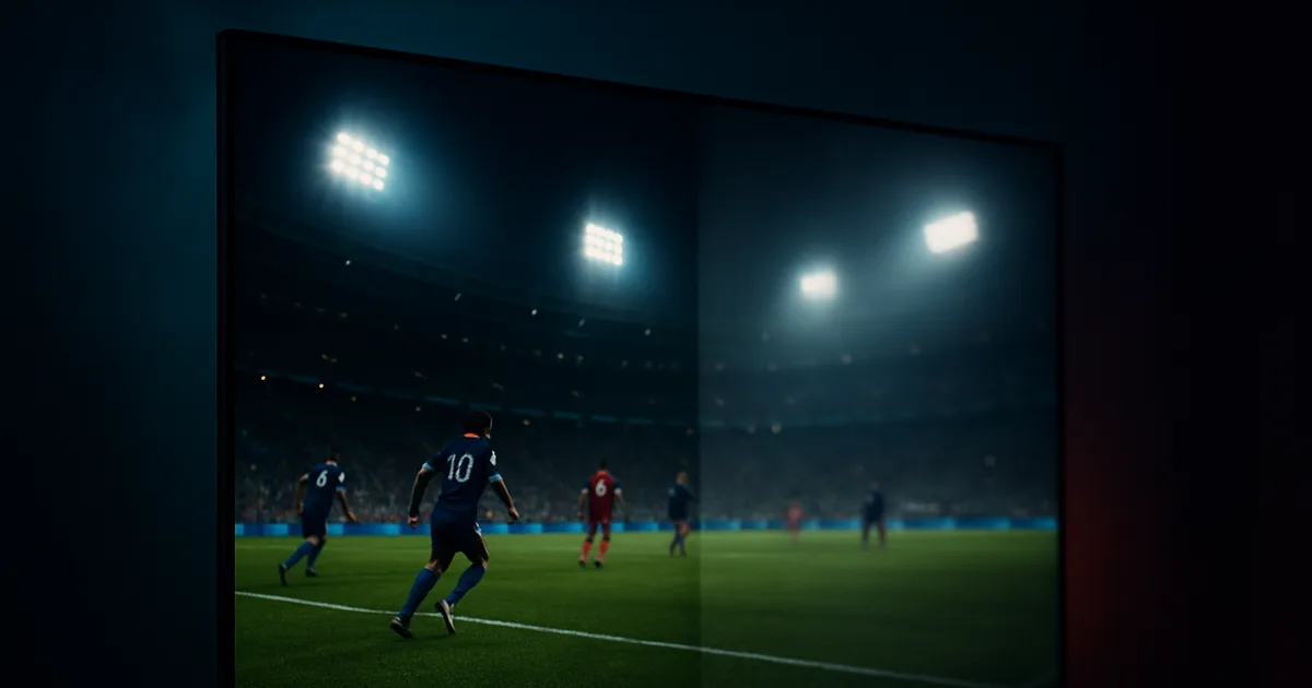 Nahaufnahme eines modernen Fernsehers, der ein WM-Fußballspiel bei Nacht zeigt; die eine Bildhälfte gestochen scharf in nativem Ultra HD, die andere leicht unscharf als Hinweis auf hochskaliertes Material, in dunkler, cineastischer Blau-Rot-Stimmung.