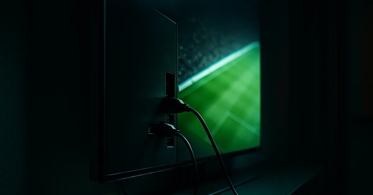 Dunkles Wohnzimmer bei Nacht: Ein Streaming-Stick und eine kleine schwarze TV-Box mit leuchtenden LEDs sind per HDMI- und Netzwerkkabel an einen großen Fernseher angeschlossen, dessen Bildschirm ein hell ausgeleuchtetes Fußballfeld in UHD zeigt.