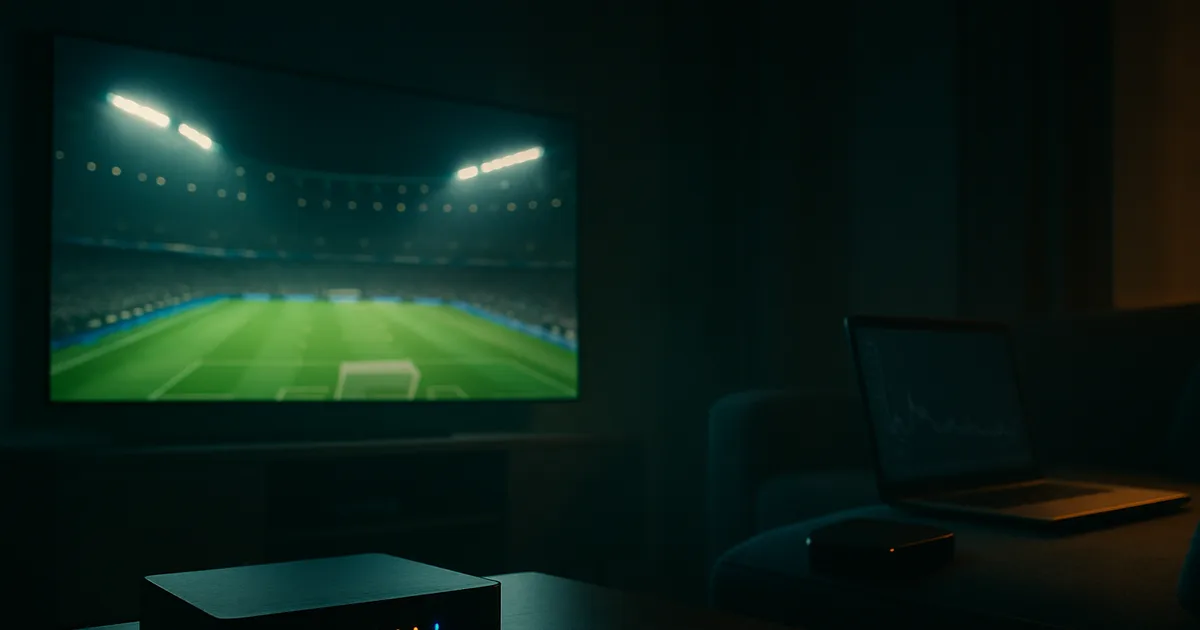 Abgedunkeltes Wohnzimmer in der Dämmerung: Ein großer Fernseher zeigt in gestochen scharfer Qualität einen Kameraschwenk über ein flutlichtbeleuchtetes Fußballstadion, während im Vordergrund ein Router mit leuchtenden Status-LEDs und ein zum Fernseher verlegtes Netzwerkkabel zu sehen sind.