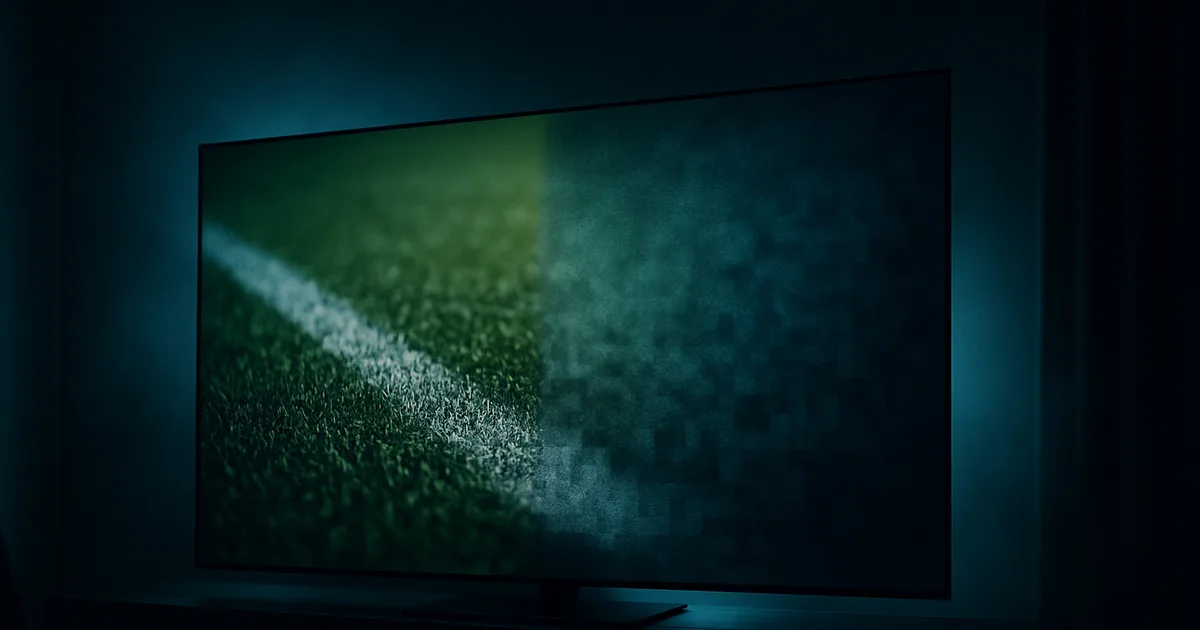 Dunkler Wohnraum mit großem Fernseher, auf dem ein Fußballrasen zu sehen ist – die linke Bildhälfte gestochen scharf, die rechte in unscharfe Kompressionsblöcke zerfallend.