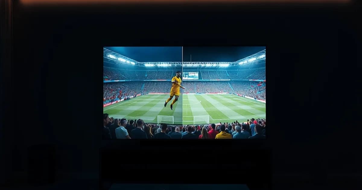 Split-Screen-Vergleich auf einem TV im dunklen Wohnzimmer: links gestochen scharfes echtes 4K-Fußballbild, rechts verpixeltes Fake-4K