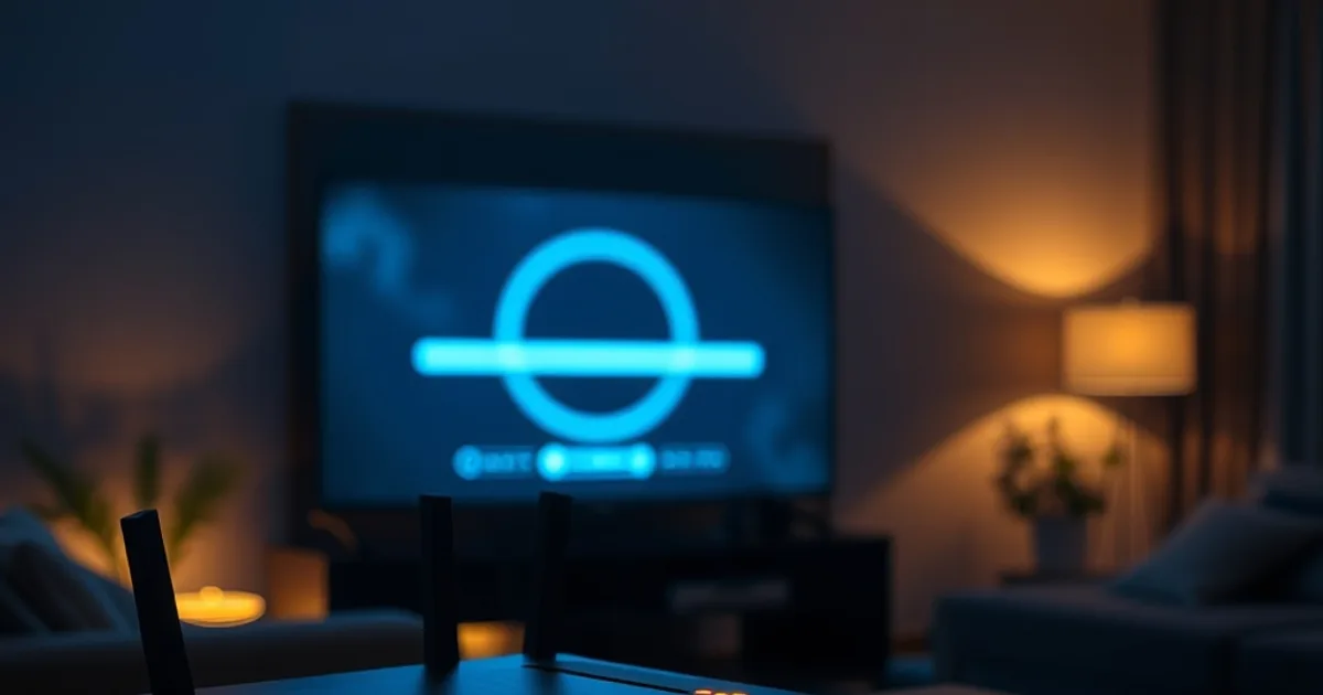 Router mit leuchtenden LEDs neben einem Fernseher, der im dunklen Wohnzimmer ein eingefrorenes Ladesymbol zeigt
