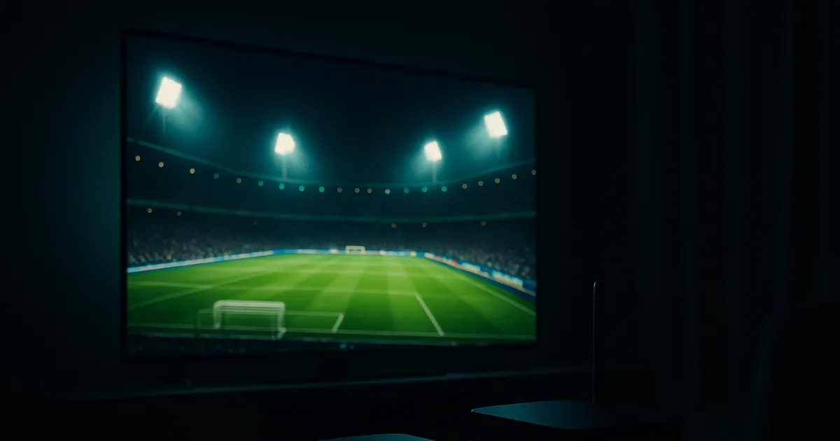 Dunkles Wohnzimmer bei Nacht, ein großer 4K-Fernseher zeigt ein hell ausgeleuchtetes Fußballstadion; im unscharfen Vordergrund eine Streaming-Box und ein Router mit leuchtenden LEDs.