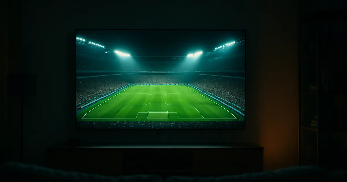 Dunkles Wohnzimmer bei Nacht, ein großer UHD-Fernseher zeigt gestochen scharf ein WM-Stadion während eines K.-o.-Spiels, ein Netzwerkkabel führt zum Fernseher.