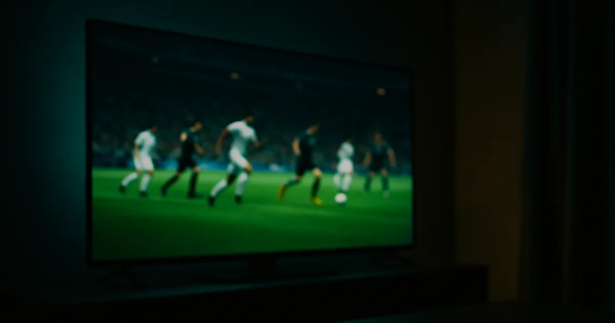 Dunkles Wohnzimmer bei Nacht, ein großer 4K-Fernseher zeigt ein scharfes Fußballspiel mit leuchtend grünem Rasen, im unscharfen Vordergrund eine Set-Top-Box und ein Streaming-Stick mit Status-LEDs.