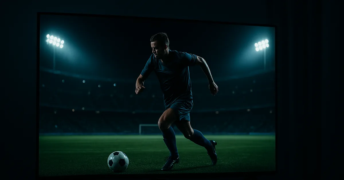Großer 4K-Fernseher zeigt in gestochen scharfem UHD eine nächtliche WM-Fußballszene mit einem sprintenden Spieler, im dunklen Wohnzimmer davor eine unscharfe Streaming-Box mit leuchtendem Statuslicht.