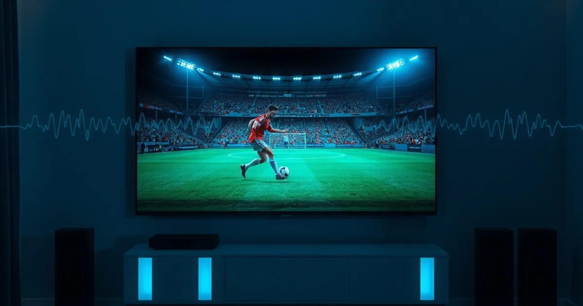 Dunkles Wohnzimmer mit 4K-Fernseher, der ein scharfes Fußball-Bewegtbild zeigt, daneben stilisierte Datenstrom-Wellen, die sich zu einem schmaleren, effizienteren Signal verdichten