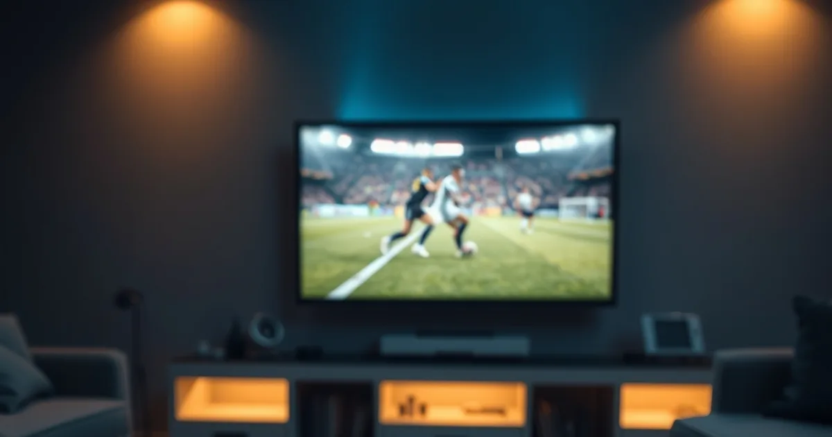 Dunkles Wohnzimmer bei Nacht, beleuchtet vom Bildschirm eines Fernsehers mit einem live übertragenen Fußballspiel, Fernbedienung und Smartphone im Vordergrund