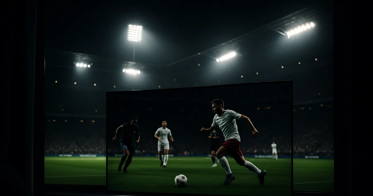 Dunkles, cinematisches Bild: ein großer 4K-Fernseher zeigt gestochen scharf ein Bundesliga-Spiel unter Flutlicht mit sattem grünem Rasen und starken HDR-Kontrasten in einem abgedunkelten Wohnzimmer.