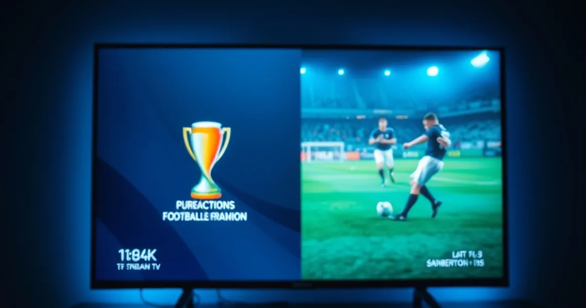 Dunkles Wohnzimmer mit 4K-Fernseher, der von einem Turnier-Fußballbild zu einer Liga-Übertragung wechselt, Streaming-Stick und Fernbedienung im Vordergrund