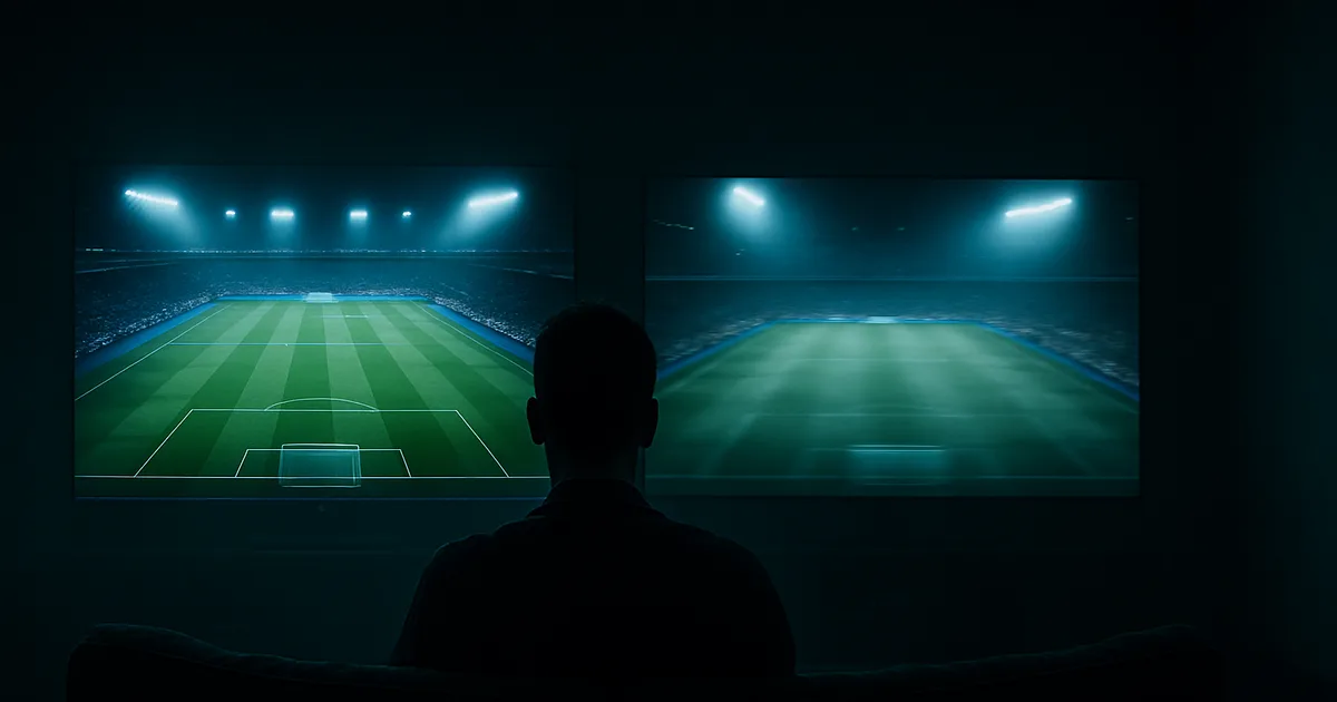 Dunkles Wohnzimmer bei Nacht: Ein Zuschauer sitzt vor zwei Bildschirmen, die dasselbe Fußballstadion zeigen — links gestochen scharf mit erkennbarer Rasenstruktur, rechts sichtbar unschärfer und verwaschen, als Vergleich zwischen echtem UHD und hochskaliertem Bild.