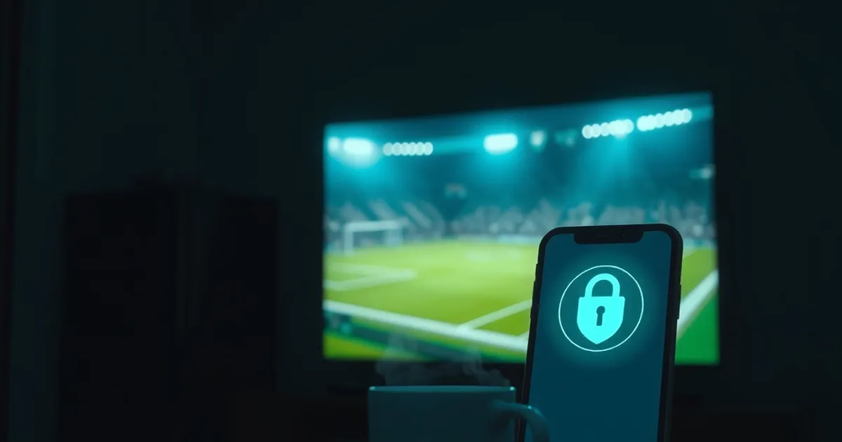 Dunkles Wohnzimmer mit Fernseher, auf dem unscharf ein Fußballfeld zu sehen ist, im Vordergrund ein Smartphone mit einem leuchtenden Schutzsymbol als Sinnbild für sicheres Streaming.