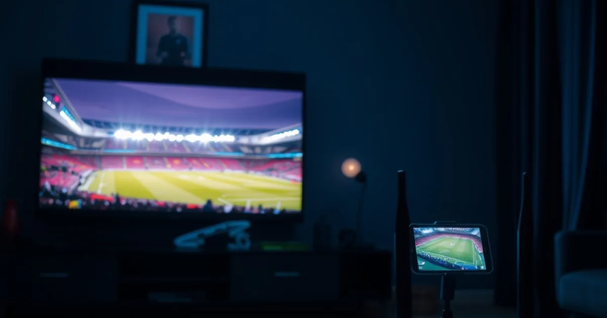Dunkles Wohnzimmer mit zwei gleichzeitig laufenden Streaming-Bildschirmen und einem Router im Vordergrund, Symbolbild für paralleles 4K-Streaming von Amazon und DAZN