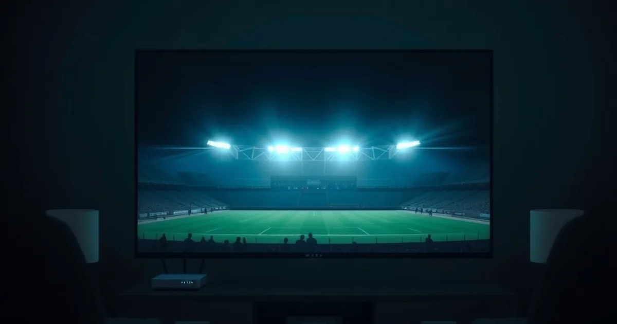 Dunkles, stimmungsvolles Wohnzimmer mit 4K-Fernseher und Streaming-Setup am Abend eines Champions-League-Spieltags