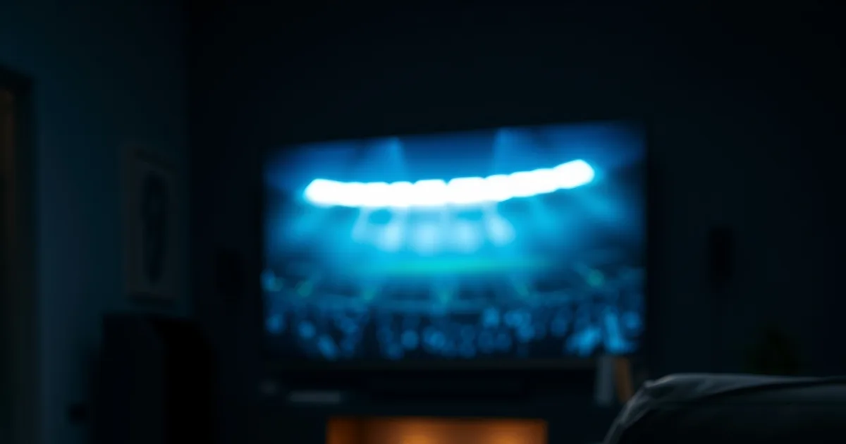 Dunkles Wohnzimmer bei Nacht, ein großer Fernseher wirft blau-grünes Stadionlicht-Flackern in den Raum, im Vordergrund die Silhouette einer Fernbedienung auf einem Holztisch