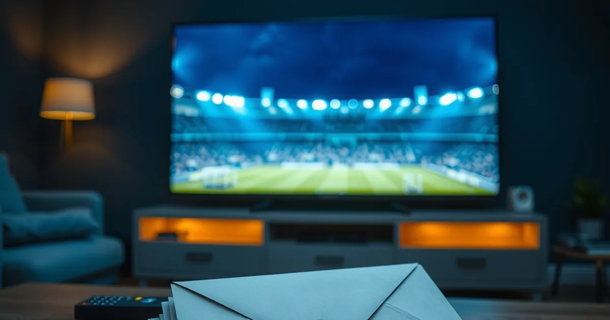 Dunkles Wohnzimmer bei Nacht mit einem Fernseher im Stadion-Blauschimmer, im Vordergrund ungeöffnete Mahnbriefe neben einer Fernbedienung und im Hintergrund ein Smartphone mit einer Streaming-App.