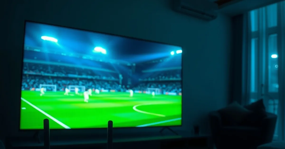 Dunkles Wohnzimmer mit leuchtendem 4K-Fernseher, im Vordergrund Router und Streaming-Box, Stimmung kurz vor dem Anpfiff eines Champions-League-Spiels