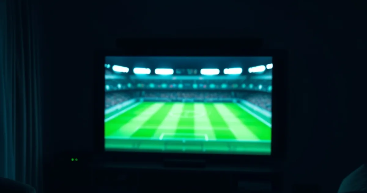 Dunkles Wohnzimmer mit leuchtendem 4K-Fernseher und blinkendem Router im Vordergrund, Stimmung kurz vor dem Anpfiff eines Champions-League-Spiels