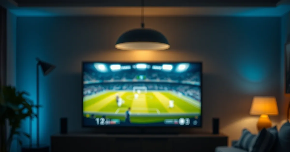 Dunkles Wohnzimmer mit leuchtendem Fernseher, auf dem verschwommen ein Fußballspiel läuft, im Vordergrund eine Fernbedienung auf einem Holztisch