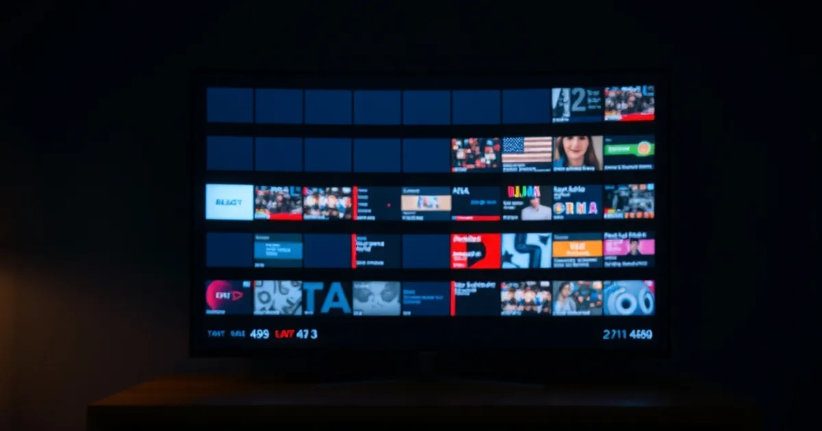 Dunkles Wohnzimmer nachts, Fernseher zeigt ein Programmraster, bei dem einige Felder klar und andere von digitalen Störungen überlagert sind
