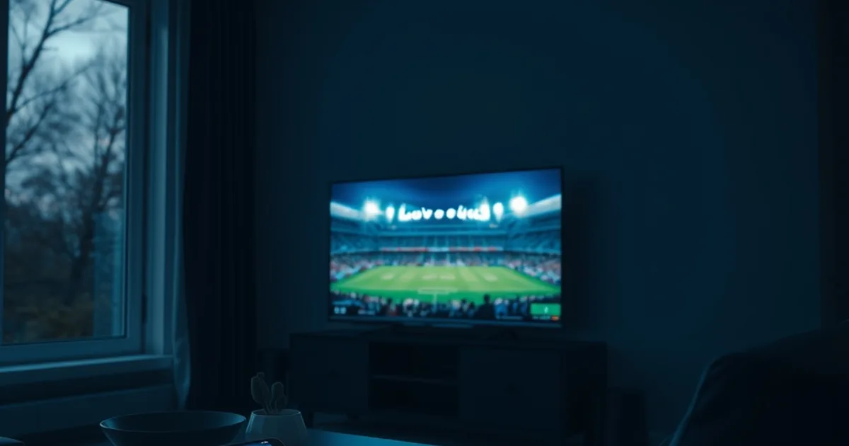 Dunkles Wohnzimmer am Abend mit mehreren Bildschirmen, die gleichzeitig verschiedene Fußballspiele zeigen