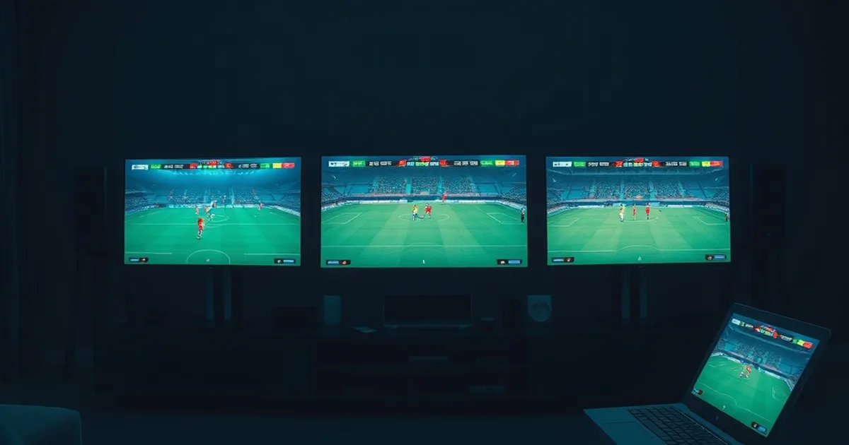 Dunkles Wohnzimmer mit drei gleichzeitig laufenden Fußball-Streams auf verschiedenen Bildschirmen, im Vordergrund Fernbedienungen und ein Taschenrechner