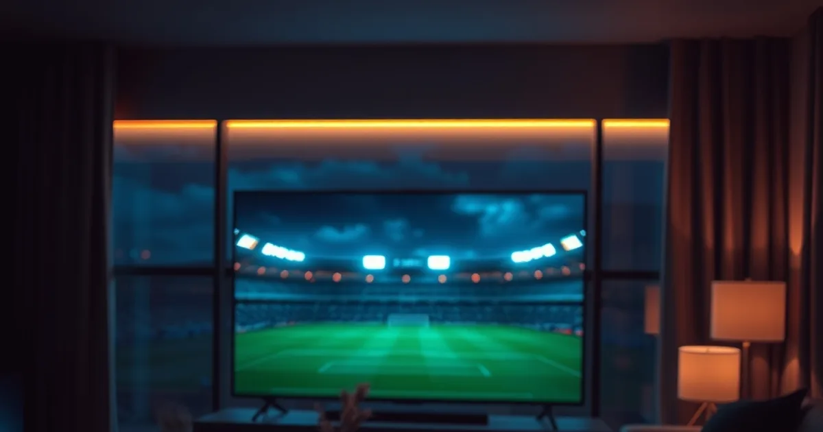 Dunkles Wohnzimmer mit leuchtendem Fernseher, der ein Fußballstadion unter Flutlicht zeigt, im Vordergrund ein Kalender für September