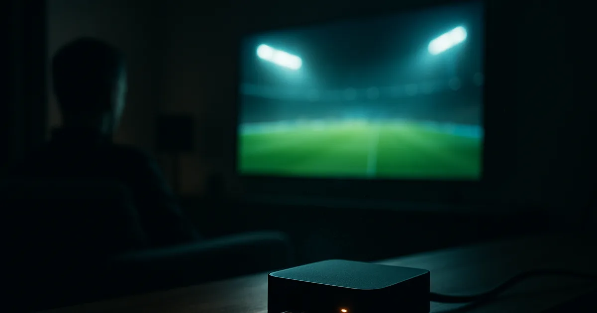 Dunkles Wohnzimmer bei Nacht: Ein großer Fernseher zeigt unscharf ein Fußballspiel im Flutlicht, im Vordergrund steht scharf eine schwarze Streaming-Box mit eingestecktem Netzwerkkabel auf einem Sideboard.