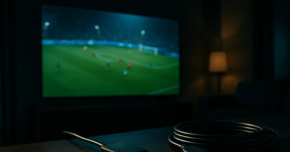Abgedunkeltes Wohnzimmer bei Nacht: Ein großer 4K-Fernseher zeigt ein Fußballspiel unter Flutlicht, davor liegen auf einer dunklen Konsole ein Streaming-Stick mit Ethernet-Adapter und ein Netzwerkkabel.