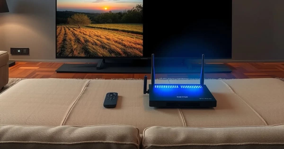 Dunkles, elegantes Wohnzimmer am Abend: ein großer 4K-OLED-Fernseher zeigt im Splitscreen links ein gestochen scharfes natives UHD-Bild und rechts ein sichtbar weicheres, hochskaliertes Bild, davor liegen eine Fernbedienung und ein leuchtender Router mit blauem Ambientelicht, symbolisch für den Unterschied zwischen echtem 4K und bloßem Marketing-Versprechen.