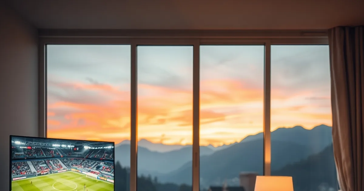 Gemütliches Wohnzimmer am Abend, ein großer 4K-Fernseher zeigt ein Fußballspiel in gestochen scharfer Bildqualität, davor ein niedriges Sofa mit einem Kissen im Schweizer-Kreuz-Muster, durch das große Fenster im Hintergrund eine verschneite Bergsilhouette bei Dämmerung, warmes Lampenlicht im Raum, eine Fernbedienung liegt auf dem Couchtisch, keine Textelemente im Bild