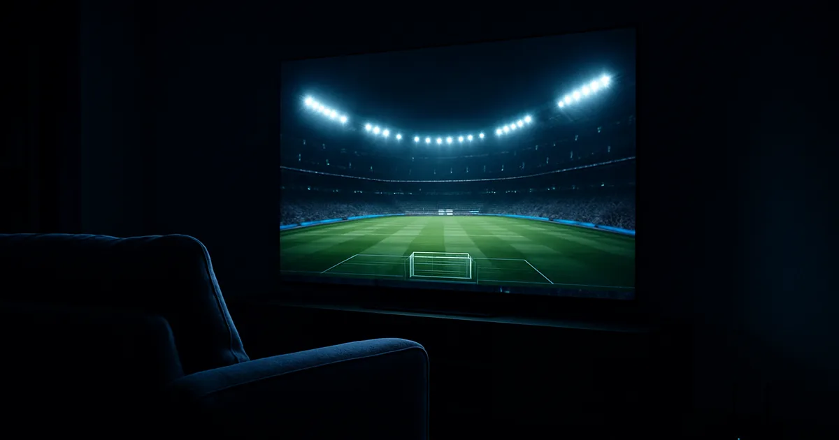 Dunkles Wohnzimmer bei Nacht mit einem großen 4K-Fernseher, der ein gestochen scharfes WM-Fußballstadion in UHD zeigt, im Vordergrund ein Sofa und ein Netzwerkkabel zum Gerät.