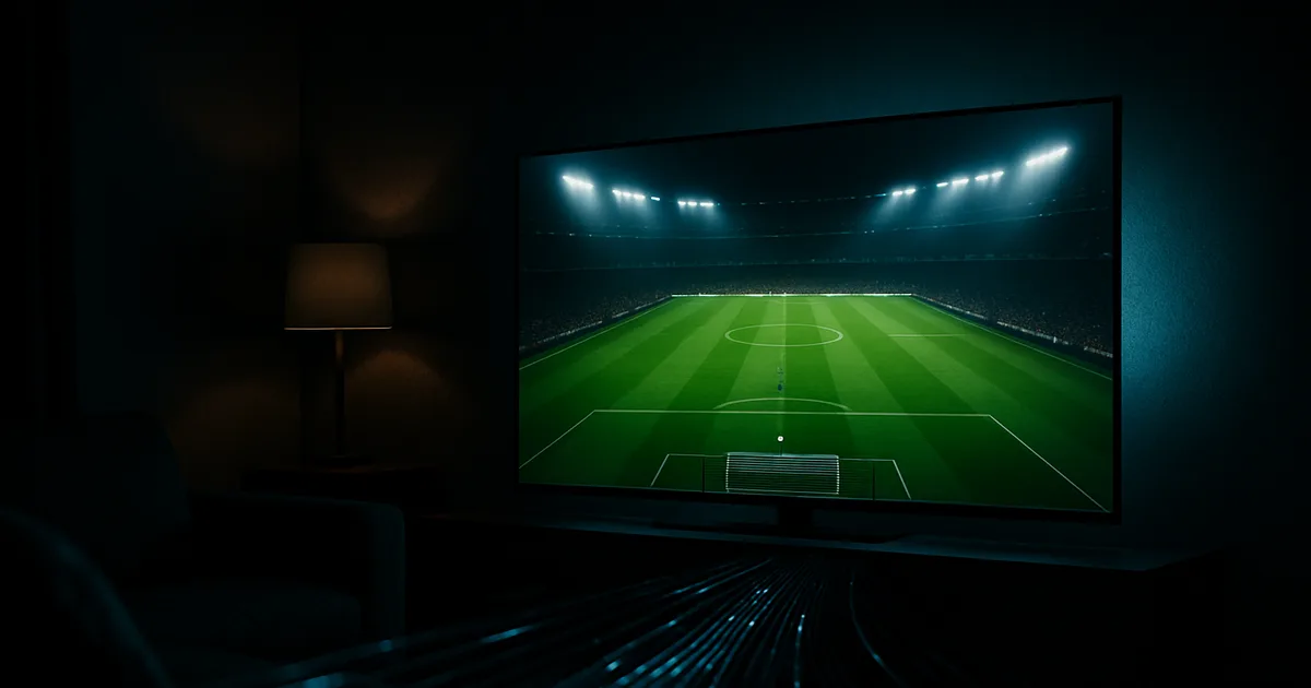 Dunkles Wohnzimmer bei Nacht, allein beleuchtet vom Licht eines großen 4K-Fernsehers, der ein WM-Spiel zum Anpfiff zeigt; feine Lichtströme deuten auf Millionen gleichzeitiger Streams hin.