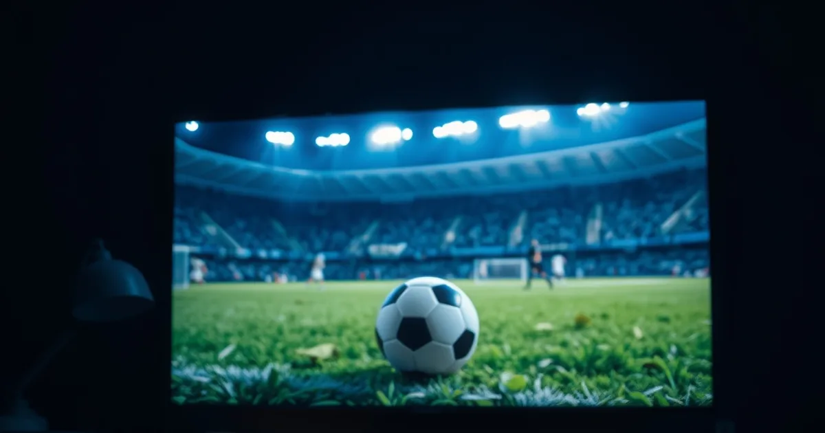 Dunkles Heimkino mit großem 4K-Fernseher, der ein gestochen scharfes Live-Fußballspiel zeigt, im Vordergrund eine IPTV-Streaming-Box