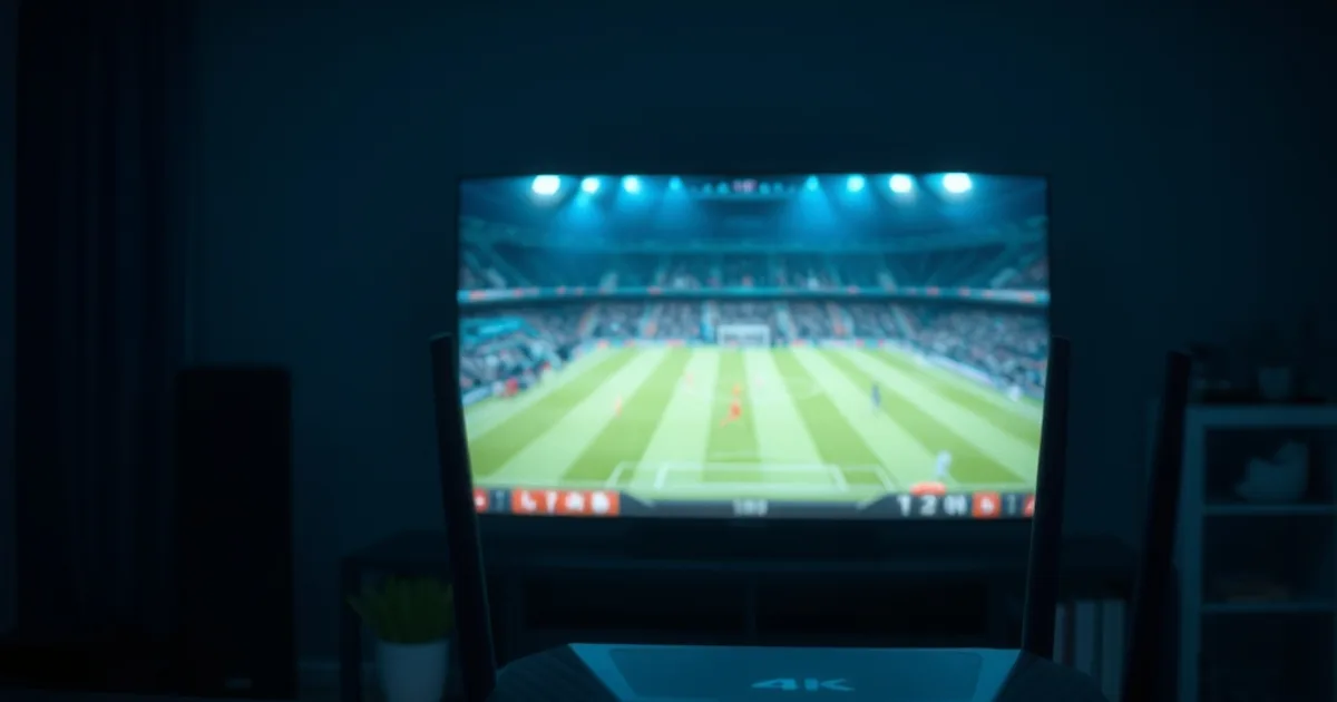 Dunkles Wohnzimmer nachts, im Hintergrund ein 4K-Fernseher mit Fußballspiel, im Vordergrund ein Router mit blinkenden Lichtern