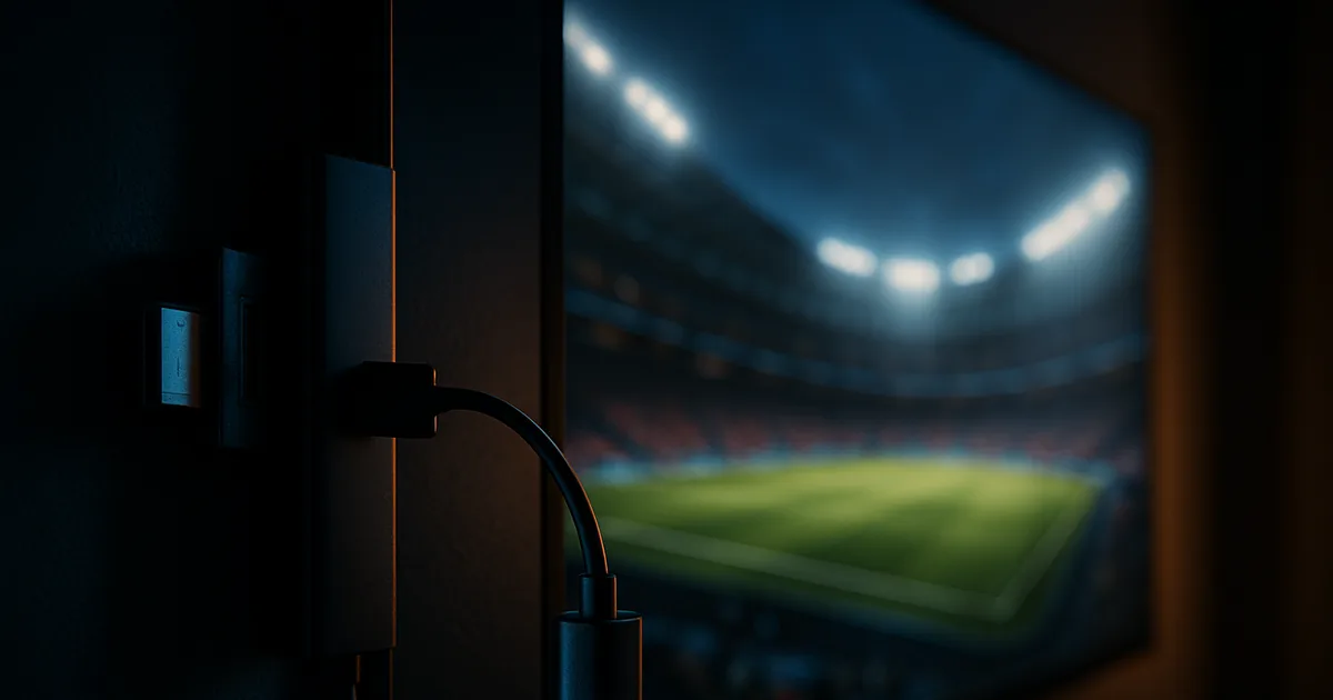 Fire TV Stick mit angeschlossenem Ethernet-Adapter an der Rückseite eines großen 4K-Fernsehers, im Hintergrund ein gestochen scharfes HDR-Bild – dunkle, cinematische Wohnzimmerszene.