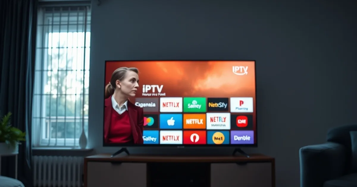Dunkles Wohnzimmer mit Amazon Fire TV Stick am HDMI-Anschluss eines großen Fernsehers, auf dem Bildschirm eine IPTV-Senderoberfläche in 4K, im Vordergrund eine Fernbedienung auf dem Couchtisch