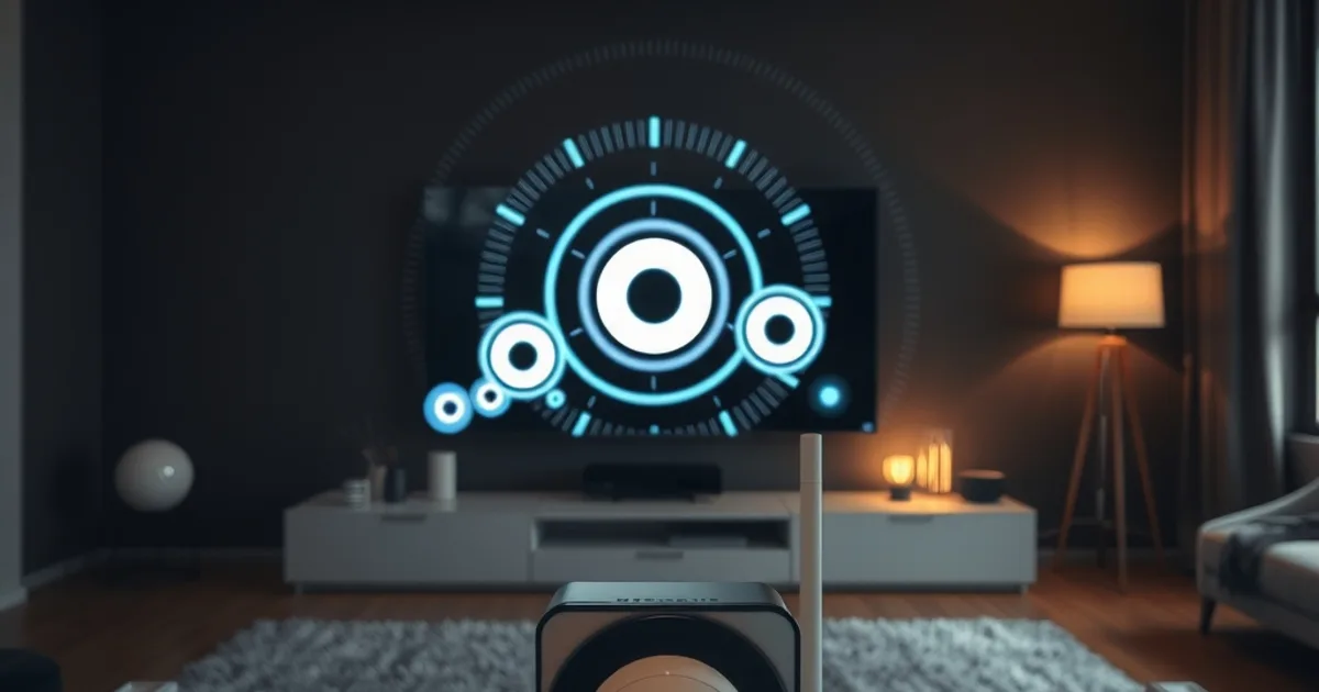 Dunkles Wohnzimmer mit großem 4K-Fernseher, im Vordergrund eine Fernbedienung scharf im Fokus, im Hintergrund mehrere leuchtende Sender-Kacheln, die blitzschnell durchwechseln, umgeben von stilisierten digitalen Millisekunden-Ziffern und einer stoppuhrartigen Lichtspur als Sinnbild für Umschaltgeschwindigkeit