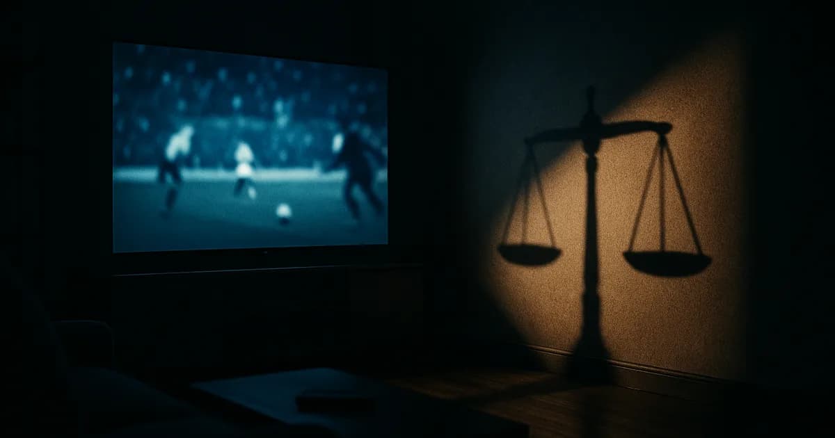 Dunkles Wohnzimmer bei Nacht, beleuchtet vom blauen Schein eines 4K-Fernsehers; ein Lichtstrahl wirft den Schatten einer Justizwaage an die Wand – Sinnbild für die Rechtsfrage rund um IPTV.