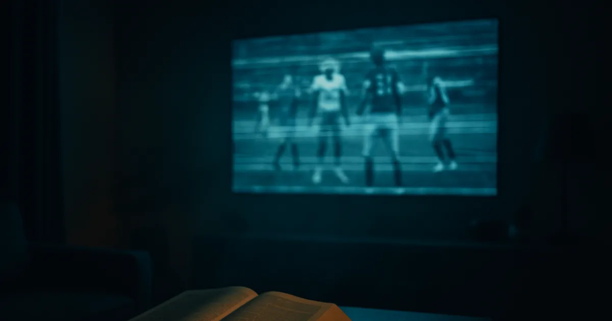 Dunkles Wohnzimmer bei Nacht: Ein Fernseher zeigt eine eingefrorene Fußballübertragung, davor auf dem Tisch ein aufgeschlagenes Gesetzbuch und ein Smartphone mit Zahlungsbestätigung im kalten Bildschirmlicht.