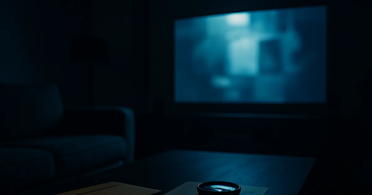 Dunkles Wohnzimmer bei Nacht, nur vom kalten blauen Licht eines großen 4K-Fernsehers beleuchtet; im Vordergrund ein ungeöffneter Brief und eine Lupe auf einem Dokument – Sinnbild für die Prüfung der Legalität eines IPTV-Anbieters vor dem Kauf.