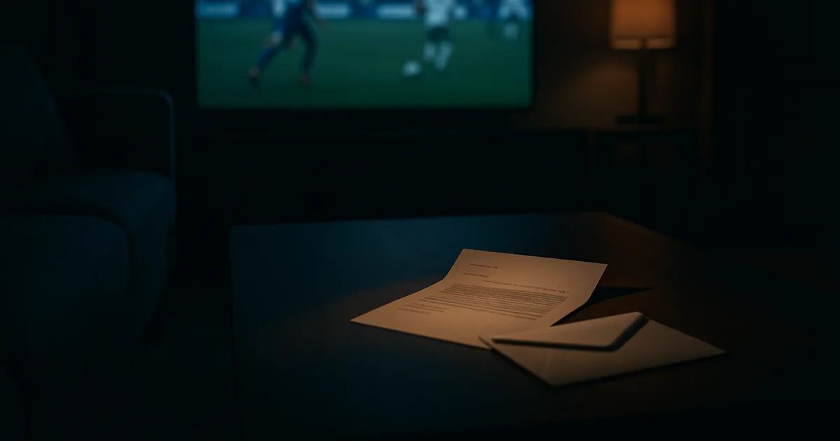 Dunkles Wohnzimmer bei Nacht, nur vom blauen Licht eines 4K-Fernsehers mit unscharfem Fußballspiel erhellt; auf dem Couchtisch liegt ein geöffneter Abmahnbrief mit langem Schatten.